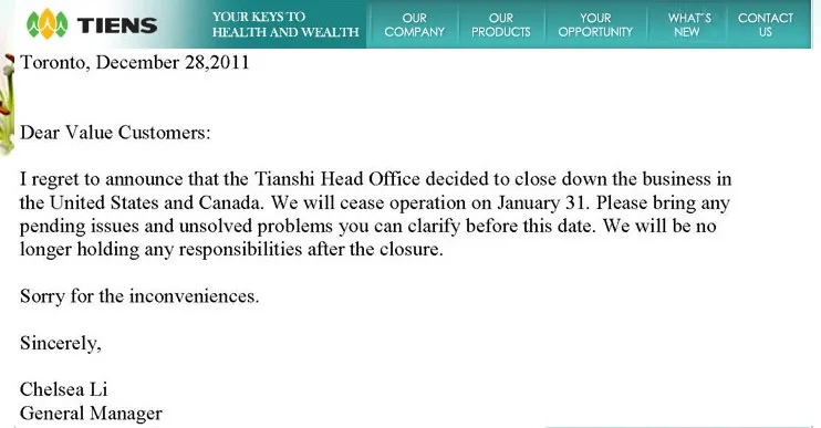 Tiens Closing down USA and Canada